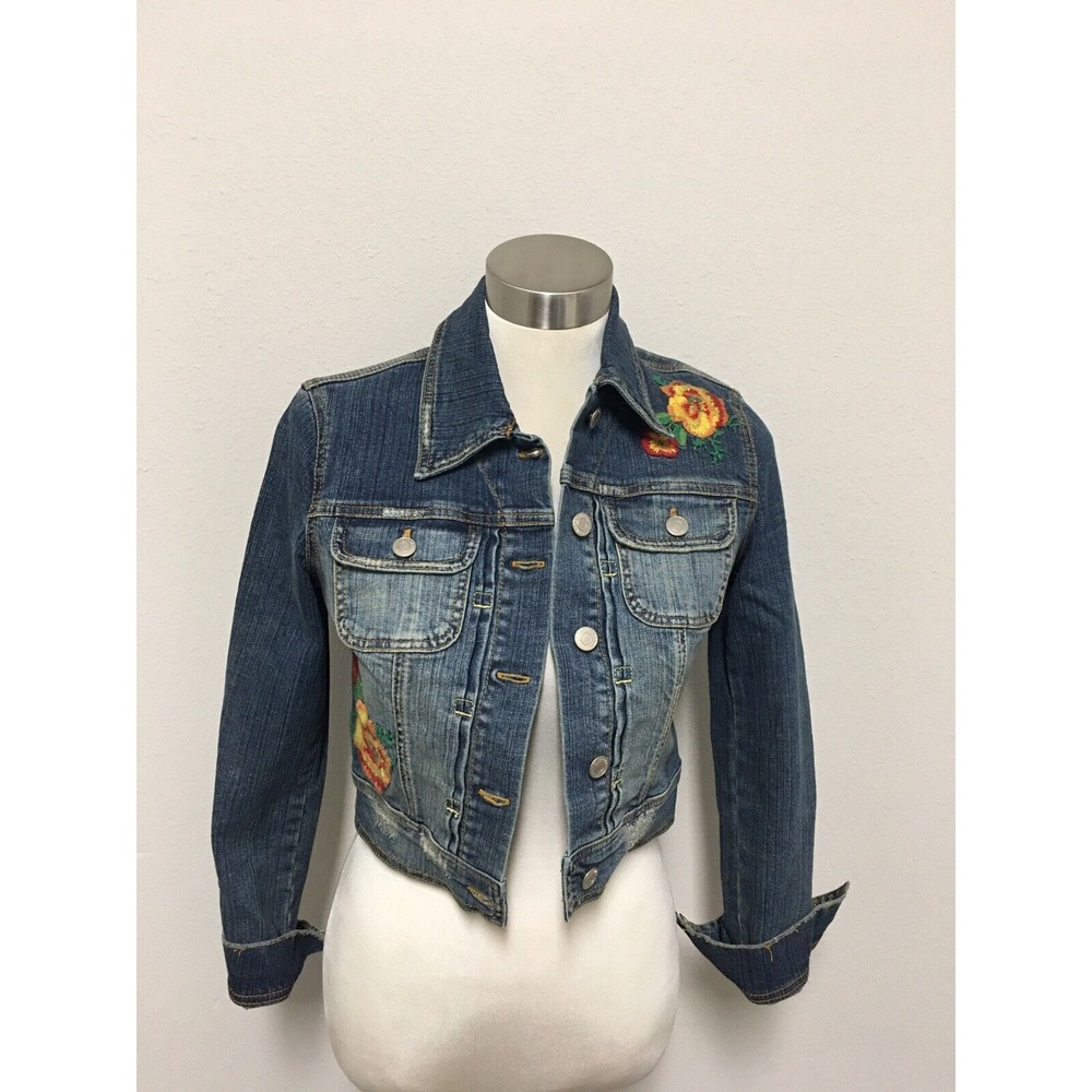 Womens Gadzooks Flower Embroidered Denim‎ Jean Jacket Size Small
